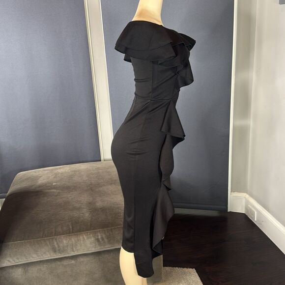 Women’s Black Off-Shoulder BodyCon Midi Dress with Ruffles Size S NWOT - Picture 4 of 13
